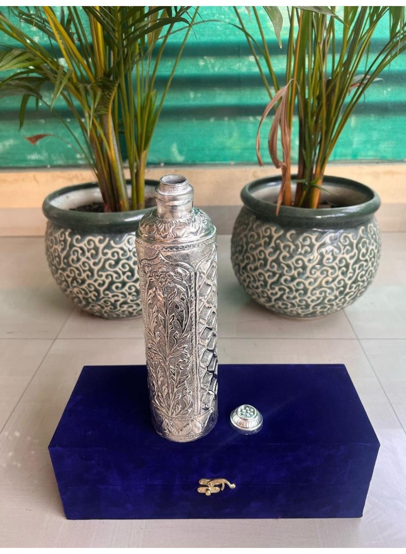 Eid / RGerman silver metal bottle, handcrafted decorative flask or bottle, placed in a royal blue velvet box. - Image 2
